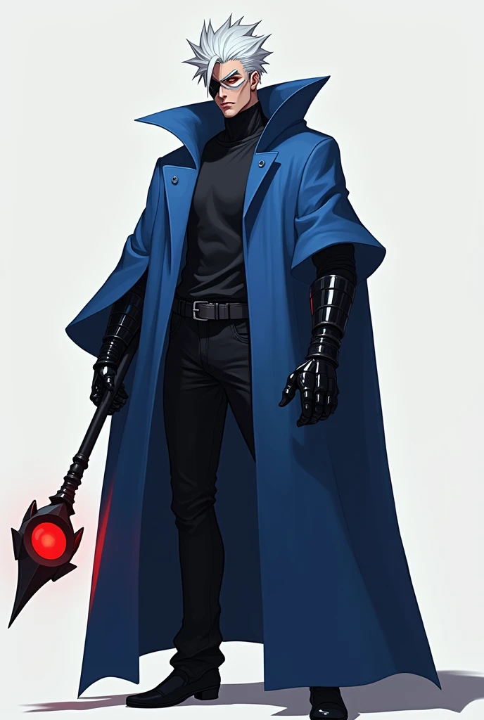 A male character with white hair and a black eye patch  , with a large cloak that covers his entire body in blue, only one hand made of black metal and holds a black stick with a red crystal in his hand, its more simple to make it cooler 2D , he should be ...