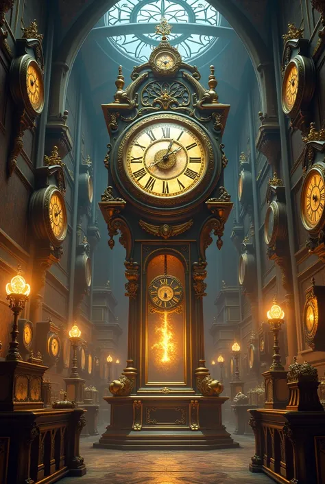 "Create an image of the Museum of Extraordinary Clocks. It is a grand, mystical place filled with countless clocks of all shapes and sizes. The walls are lined with intricate, antique clocks, some with glowing gears or magical auras. The room is dimly lit,...