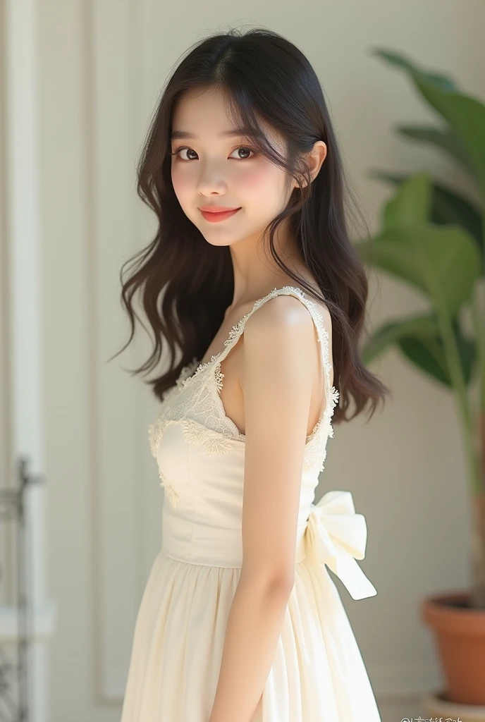 K-POPアイドルがかわいい,  A white dress featuring delicate lace details and a beautiful A-line silhouette. The dress is knee-length ,  with a casual bow on the back ,  adding charm .  This outfit has soft ,  natural makeup and a gentle ,  wave hairstyle .  she exud...