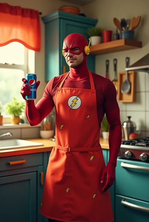 "A comical depiction of a superhero resembling the Flash in a cozy, modern kitchen. He is wearing a bright red apron with lightning bolt patterns, standing at the counter, holding a can of Pepsi. The scene has a playful vibe, with a colorful kitchen backgr...