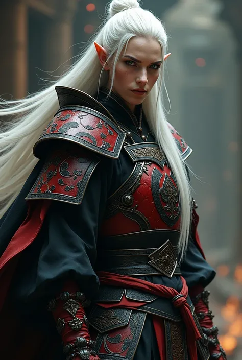  long white-haired male elf with samurai bun,  Defined face ,  light green eyes , black and red wizard armor 