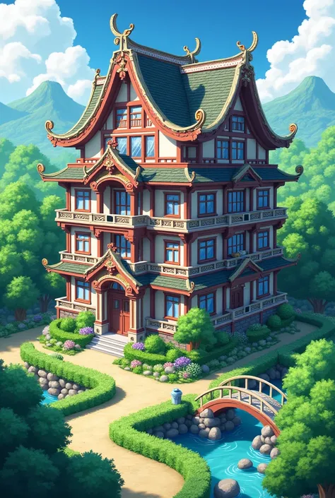  Create a large anime-style house,two-story apartment with a large garden  

