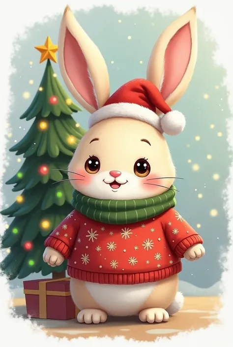 2d Chubby bunny with christmas clothes and tree png  