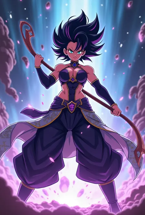 Dragon ball Super style: Woman Mayka has an imposing appearance. Her skin has a slight pinkish tinge, due to its fusion with Majin energy, and her hair is black with purple reflections. His eyes are an intense, almost incandescent blue, symbolizing his div...