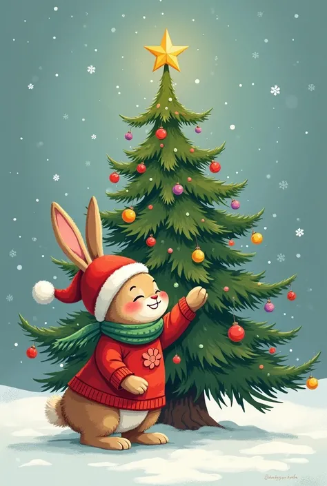 2d Chubby bunny with christmas clothes and grab tree 