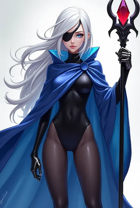 A female character with white hair and a black eye patch , with a large cloak that covers his entire body in blue, only one hand made of black metal and holds a black stick with a red crystal in his hand, its more simple to make it cooler 2D , he should be...