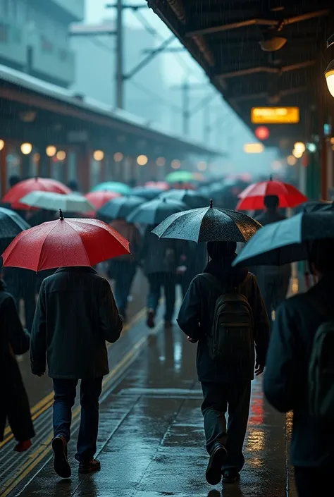 a crowded rainy day train platform, wet concrete ground, colorful umbrellas, people rushing to board the train, suspenseful atmosphere, dramatic lighting, cinematic, photorealistic, 8k, highly detailed, vivid colors, dramatic shadows, gloomy, moody, dramat...