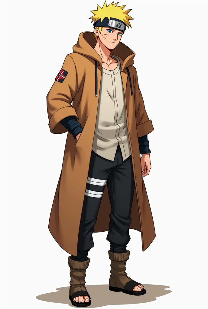 Uzumaki naruto wearing common cotton shirt and pants as well as a folded tan hooded robe with a pair of boots that were seemingly made from animal hide from the game skyrim