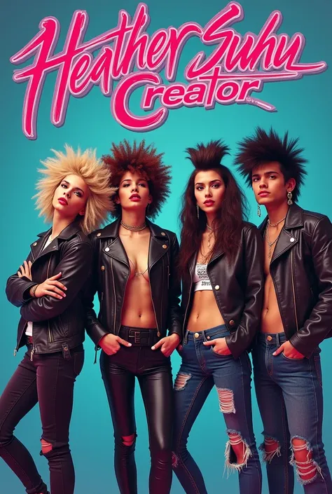 Create a vibrant retro album cover inspired by a 1980s rock band. Feature four band members with wild hairstyles and edgy clothing—leather jackets, ripped jeans, and bold accessories. Incorporate bright colors and dynamic poses. Use a prominent band name h...