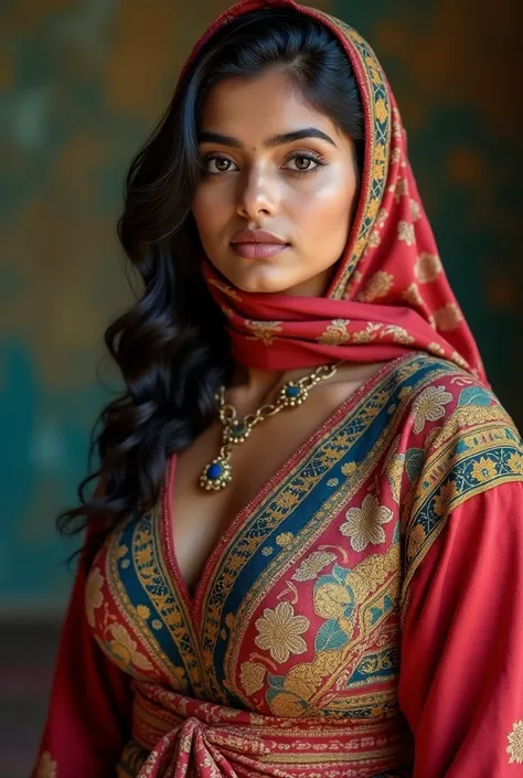 bondage, top-quality,Beautiful detailed hijabi,Bewitching face,(((kerala))) teen model,long lashes,Wearing a colorful (naked_apron),big breasts,cleavage visible,Detailed details,Colossal ,sideboobs,stares at the camera