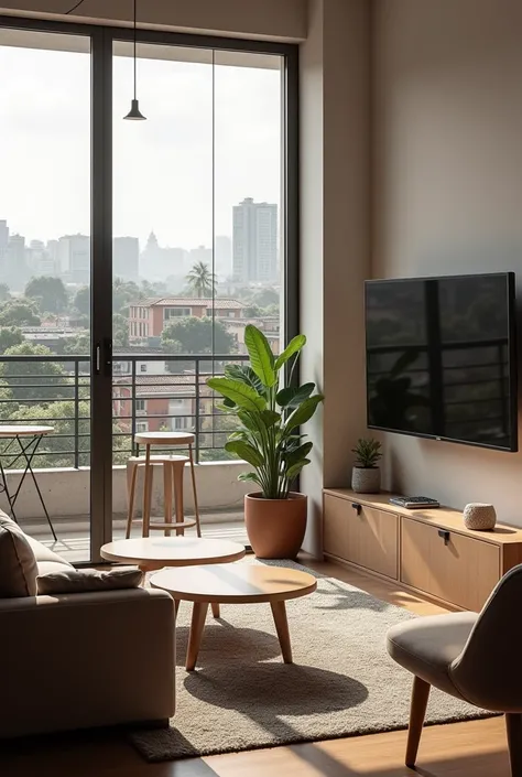  Make a Brazilian apartment room , It must contain a sofa , TV,  it must not have rugs or pictures ,  in the background with a balcony overlooking houses and apartments