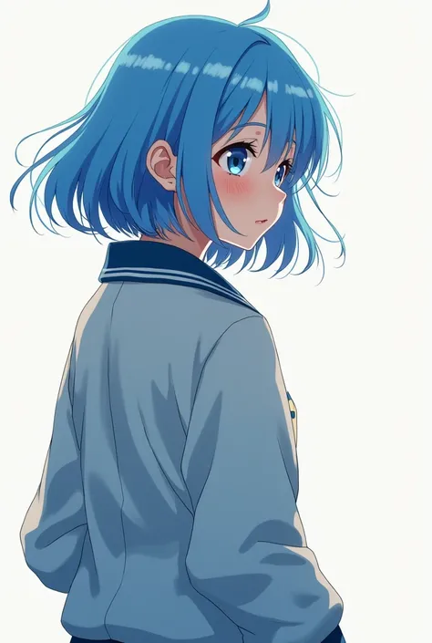 A blue haired anime girl turned back wearing a Rachel jacket