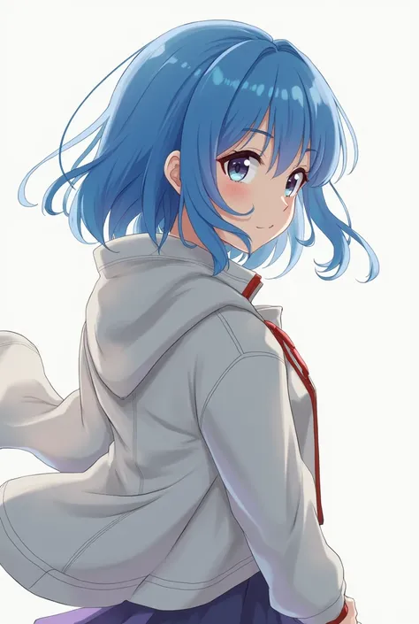 A blue haired anime girl turned back wearing a Rachel jacket