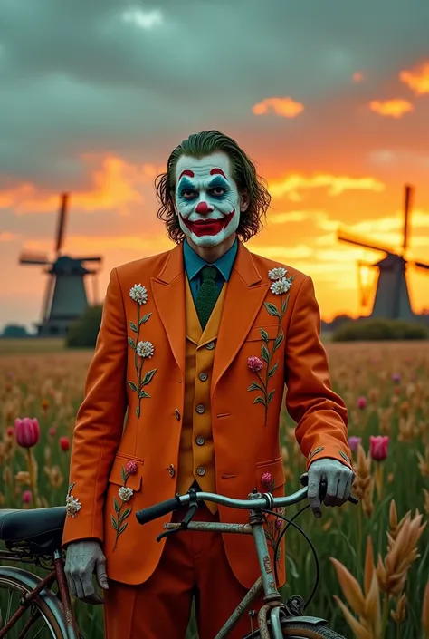 A Dutch version of The Joker ,  with makeup reminiscent of Van Gogh paintings .  He wears an orange suit embroidered with tulips and holds a rusty bicycle in a field of mills at sunset.  His smile is wide and baffling .  Photo taken with a Canon camera . -...