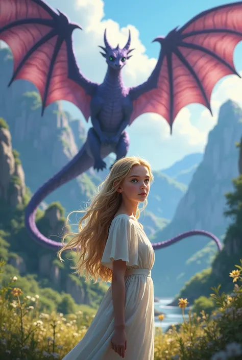 a young girl, blonde hair and wavy green eyes white skin on the background mountains with giant black dragon with purple scales flying in the background 