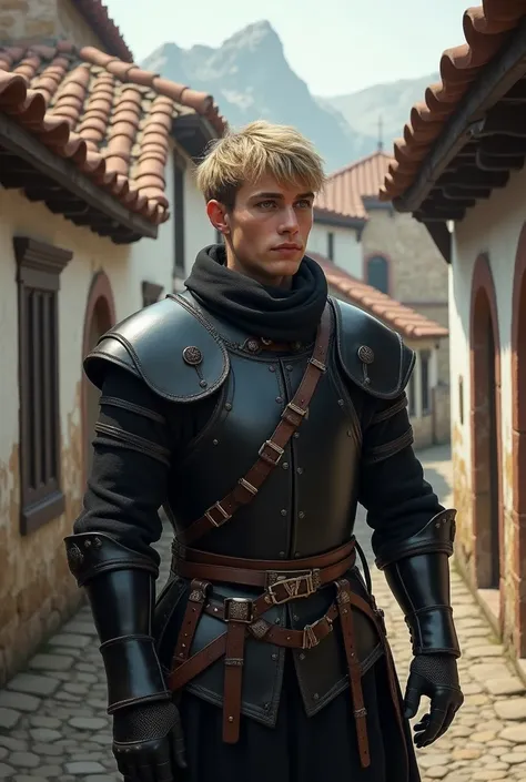 Middle Ages, article, Blonde,  short hair , male, black leather armor, A gentle smile, The background is a medieval town