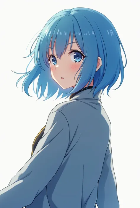 A blue haired anime girl turned back wearing a Rachel jacket