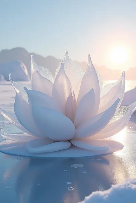 Large white flower made of frozen snow and ice sitting on top of a frozen lake, extraordinary sunrise giving the ice a shine, hyper-realistic photography], extremely complex, like sea foam frozen snow, giant flowers, crystal desert, huge sparkling ice leav...