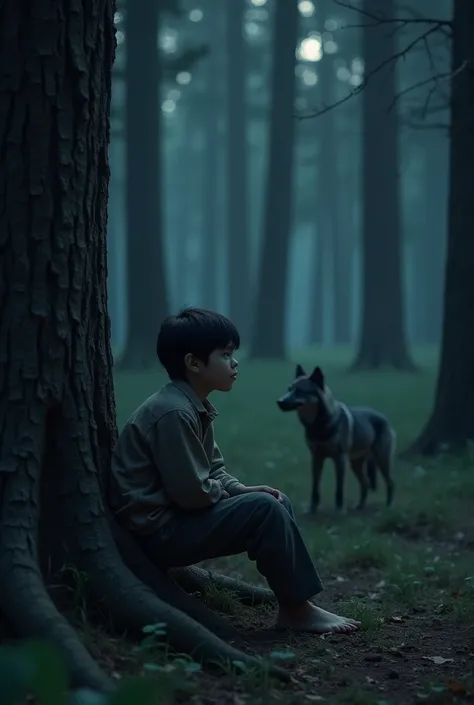 its night in an forest,  there is a  Korean boy sitting on a tree trunk.  This boys clothes are a dirty blouse and pants. ,  yours are barefoot . In that same forest ,  there is a wolf cub gray in color watching the boy