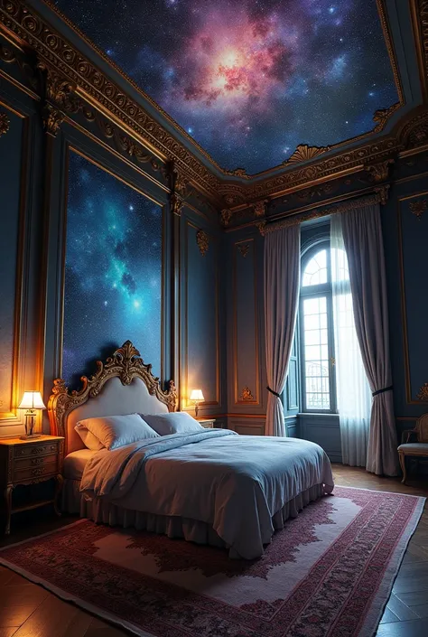   universe space  。Fantastic and mysterious。 Sleep comfortably in a mysterious space。The rococo bedroom is empty 。No people
