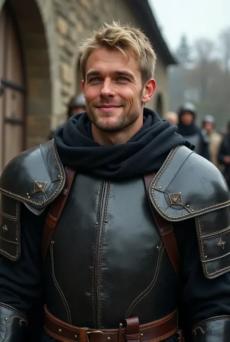 Middle Ages, article, Blonde, Short hair covering her forehead , male,  black leather armor, A gentle smile, The background is outdoor 