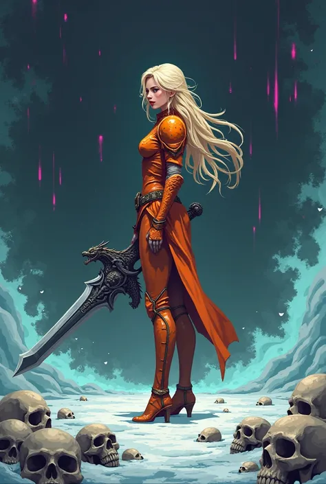    image of individual pixels similar to a mosaic ,     pixel art fantasy bitmap    ,     A slender woman with Russian features     ,     beautiful with long blond hair    ,     She has orange armor and open heels    ,  he is standing,     Looking forward ...