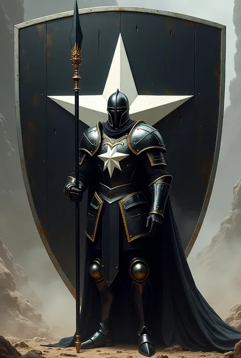  In the foreground make a gentleman ,   with black armor with a white 5-pointed star in the center with gold details,  do it half to the side ,  Holding a spear  . in the background, behind the knight , create a giant black shield with a white 5-pointed st...