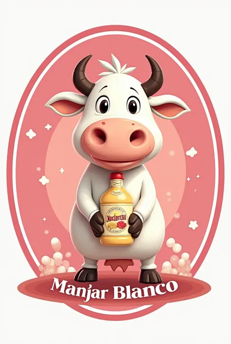 create a circular label with the title Manjar Blanco and in the center an animated cow holding a bottle of white delicacy with a pink background 