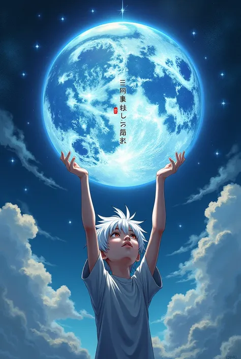 White-haired boy clutching the anime planet that says Kamigami no Bansho above