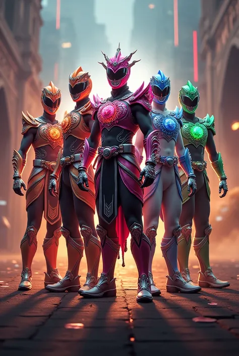 "Create a stunning modern rendition of an Indian-themed Power Rangers team called Supreme Force. The team consists of five members, each with a distinct personality and cultural influence. Their armor blends traditional Indian motifs like intricate pattern...