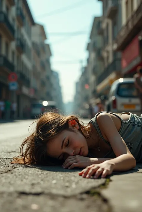 real , real. A thin and weak young girl .  All exhausted in the street. everything is detailed ,  The general background is bright ,  natural daylight