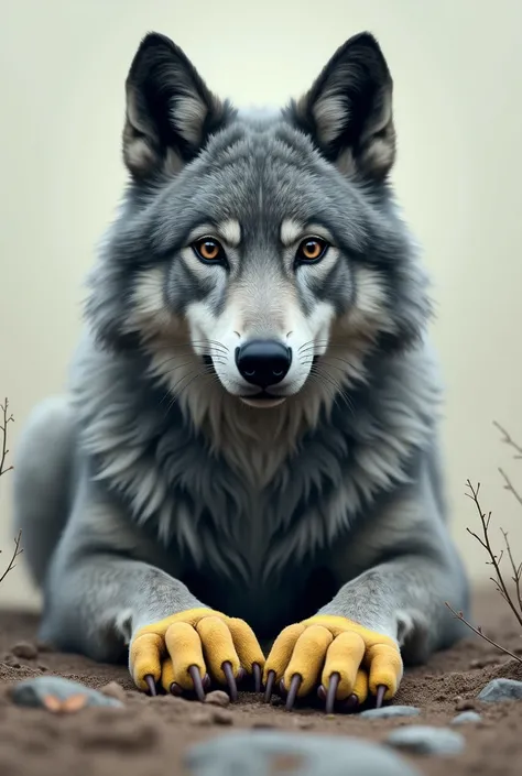 A gray anthropomorphic wolf with black eyes and yellow-pink pillows on its paws