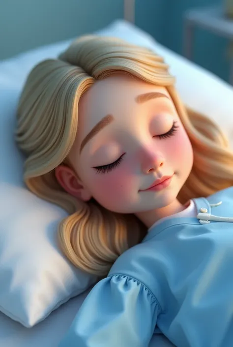 a young girl lying in bed with her eyes closed and her head resting on a white pillow. She is wearing a blue hospital gown and appears to be sleeping. PIXAR style 3d animation  wearing blue dress and girl have blonde hair 