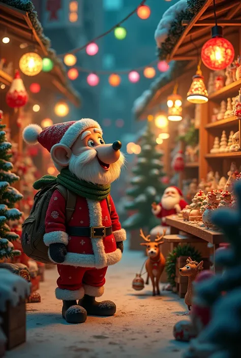 Don Pepito se encuentra en una tienda llena de Ornaments navideños. Hay estantes con Lights de colores, figures of Santa Claus , reindeer and Christmas trees .  Don Pepitos face is illuminated by a mixture of emotion and confusion as he observes everything...