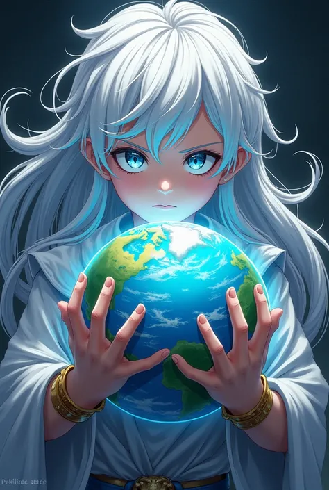 Powerful  white-haired boy clutching the planet anime that doesnt look like Goku and who says kamigami no bansho above