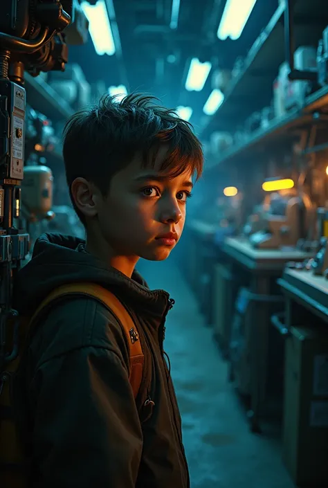 a portrait of boy in garage at night, science_fiction