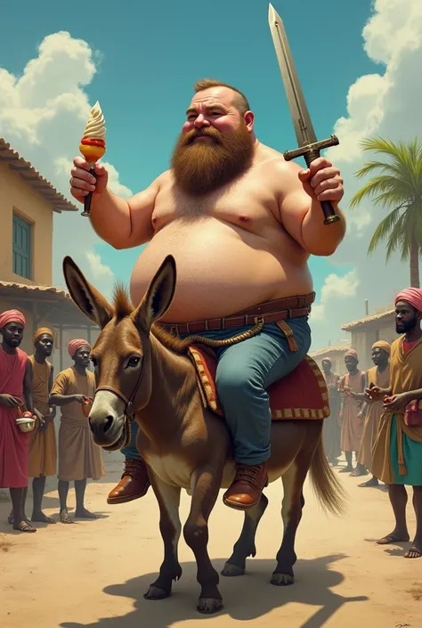 big fat polish man holding a sword and eating kebab and icecream while riding on a very small donkey while black african men are trying to sell him things