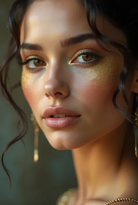 A womans face from the front and with some golden touches on her face