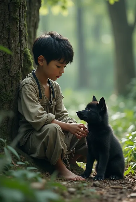 in a forest,  theres a  Korean boy sitting near a tree, your clothes are dirty and your feet are bare .  This  is stroking a black wolf cub . 