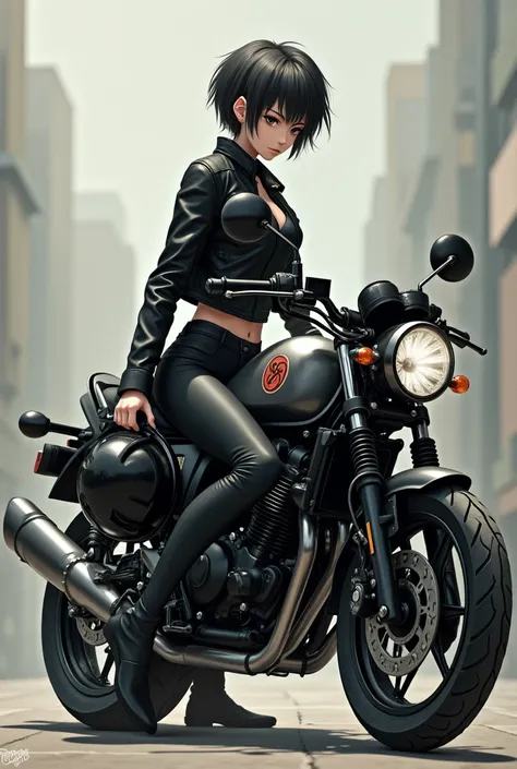 " A realistic and detailed image of Mikoto Urabe ,  character with short, dark hair , mysterious eyes, with its unique and serene style ,  riding a Pulsar 400 design motorcycle modern and sporty .  Mikoto wears a black leather jacket and tight pants ,  wit...