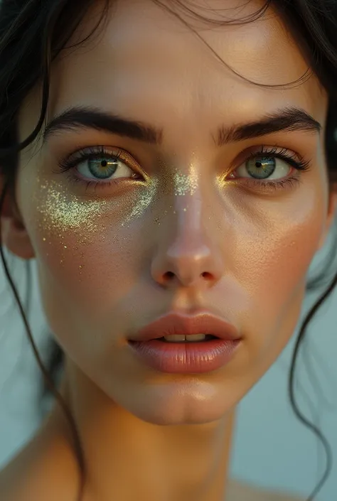 full faces of a woman from the front and with some golden touches on her face