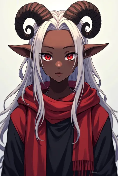 Generate an image of a anime dark skinned anime man with red pupils on his eyes and white dread locks and long sheep like ears and small swirling horns that stand out a bit who is wearing a long red scarf with a red hoodie with a black interior long sleeve...