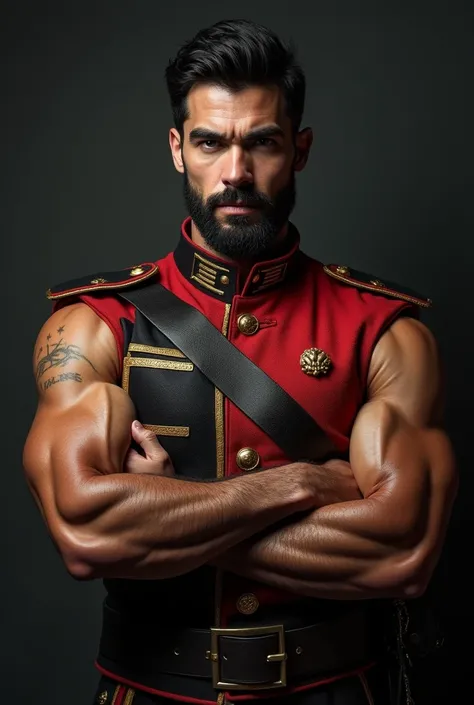 sensual man,seductive look,but very dangerous and frightening ,  arms crossed and wearing a uniform of the Spanish Royal Guard,  the man is tall and very muscular , well-groomed short black beard and short black hair . high resolution,  masterpiece , Neces...