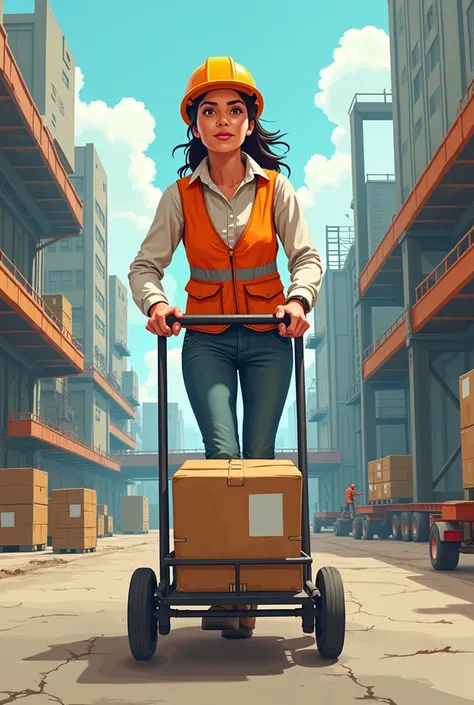 Vector of female worker with hand car 
