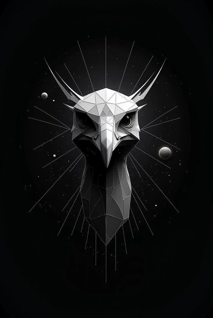  Stars in space that when connected form the face of a Rhea, polygonal style  , background space with galaxies , Stars and planets ,  for the organizations logo in black and white 