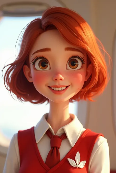 Young redheaded woman with bangs and short hair around her neck smiling white skin and brown eyes like Pixar animation with a flight attendants handkerchief