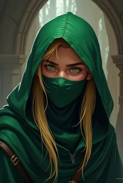 Middle Ages, Elf, Blonde, male, Put a green hoodie on your head, Cover your mouth with a mask, Good looking, 2.5D