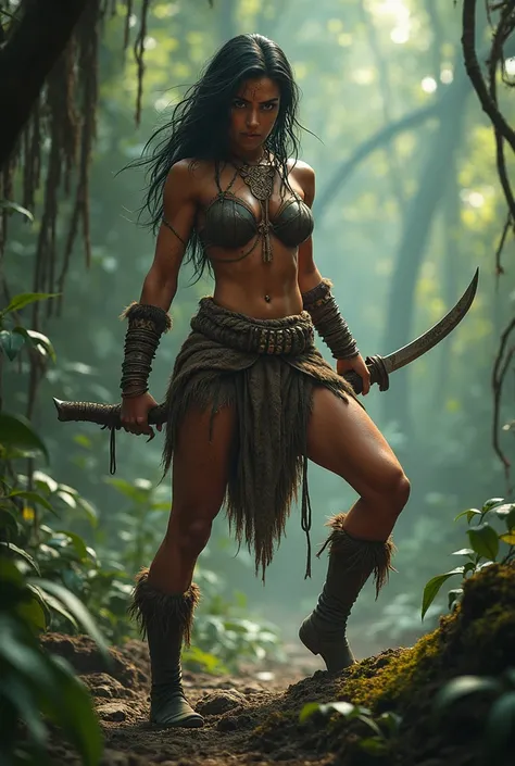 an Amazonian warrior woman in a fighting position standing on one leg 