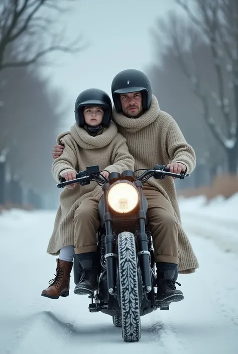 Father and  daughter on motorcycle,in one sweater ,in winter weather 