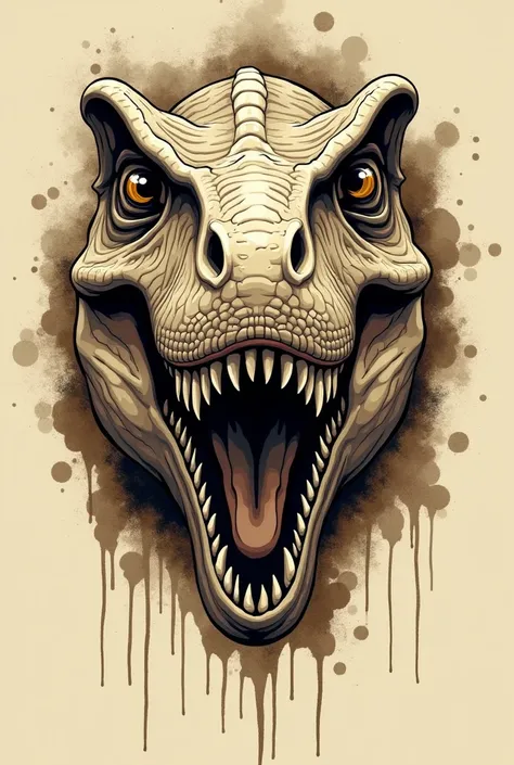 urban art style face a Dinosaur with dripping splash effects in sepia colors and cartoon style